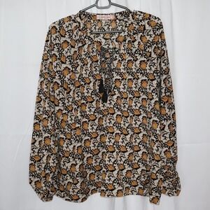 Traffic People Poet Blouse Women Large Long Sleeve Tie White Black Brown